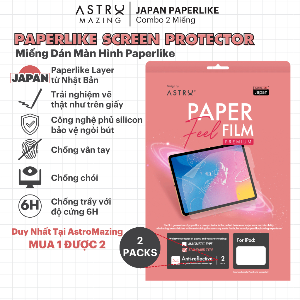 [ASTRO Paperlike] Miếng dán màn hình Paperlike Nhật Bản Hồng chống vân tay cho iPad Pro 11 Air 4 5 Gen 7 8 9