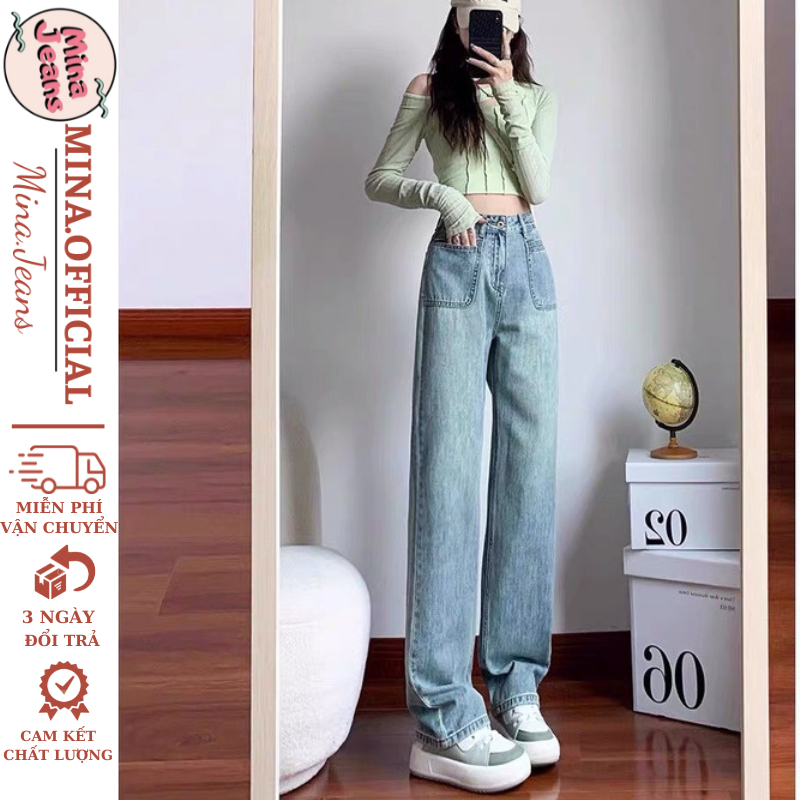 Quần jean nữ ống rộng màu Vintage cạp cao MINA JEAN, Quần bò jean nữ phong cách Retro Ulzzang 2023