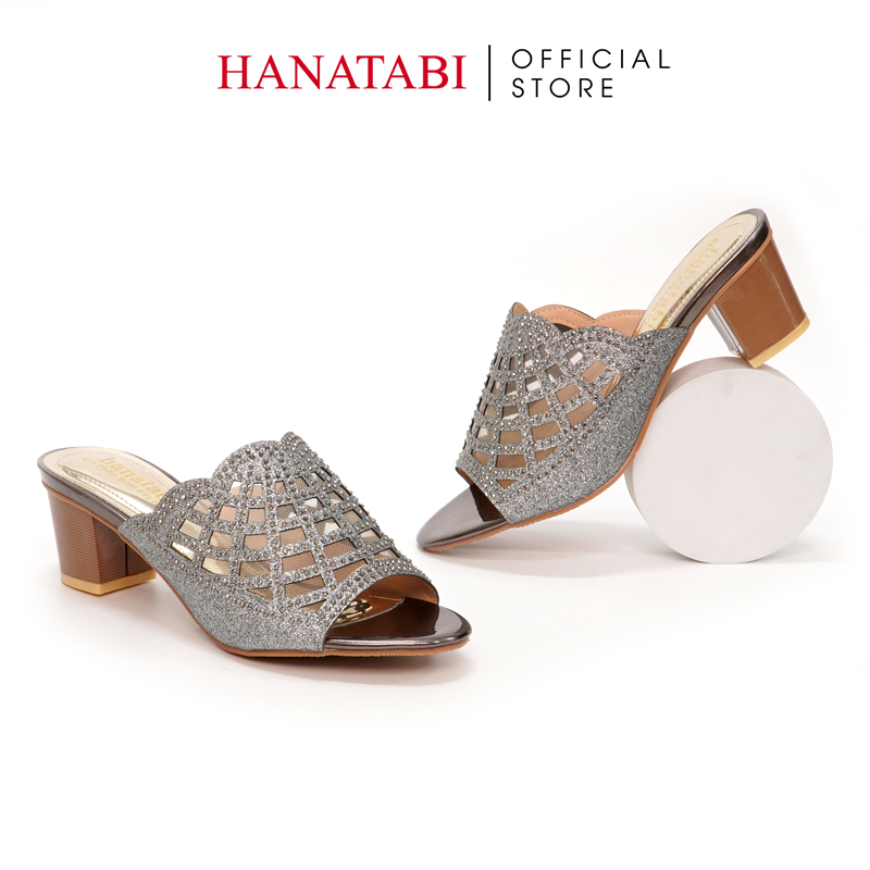 Dép Nữ Hanatabi Quai Kim Tuyến Phối Lưới Xoàn Gót Cao 5cm Mã HNDE5F818