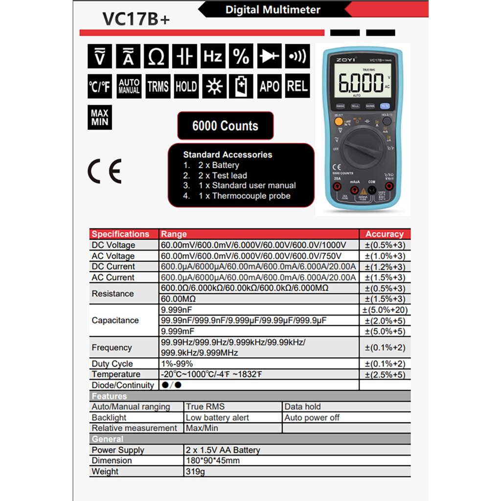 Đồng hồ đo điện vạn năng kỹ thuật số Zoyi VC15B+, VC17B+ True RMS 6000 count auto ranges - Bảo hành 12 tháng