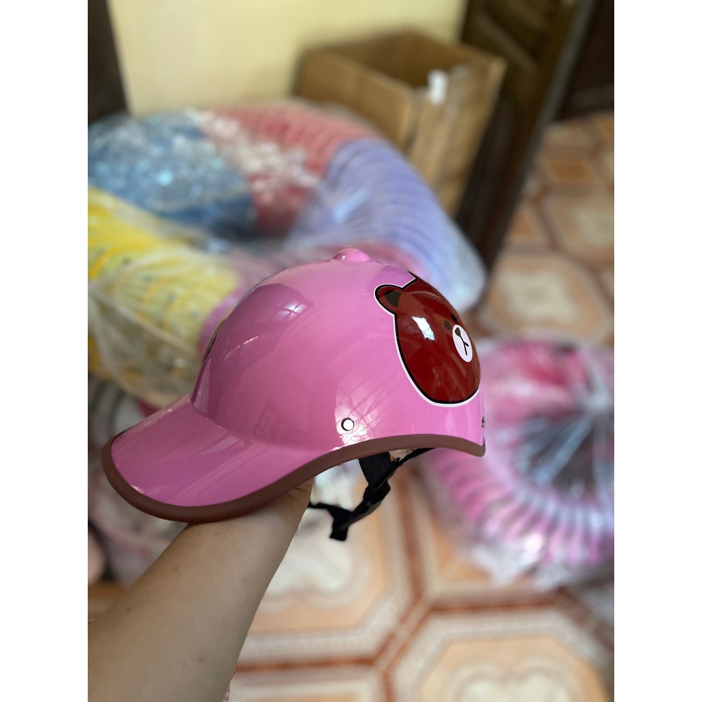 💗FREESHIP💗Nón bảo hiểm kết in hình gấu dâu có khoét tóc nữ dày đẹp loại 1 - Mũ bảo hiểm gấu vàng gấu nâu gấu hồng dâu