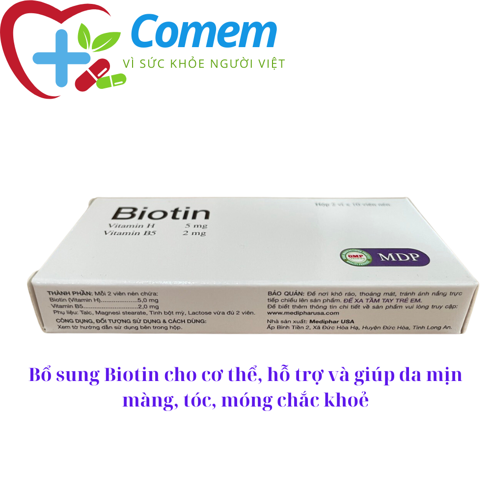 Viên uống Biotin (Vitamin H, B5) da đẹp, mịn màng, bảo vệ tóc giảm rụng, móng chắc khoẻ [MDP, Mediphar USA]