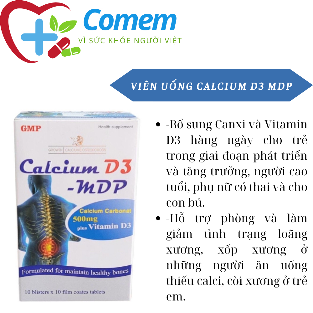 Calcium D3 MDP - Viên uống bổ sung Canxi / calci + vitamin D3, giảm còi xương trẻ em, loãng xương người lớn, chắc răng