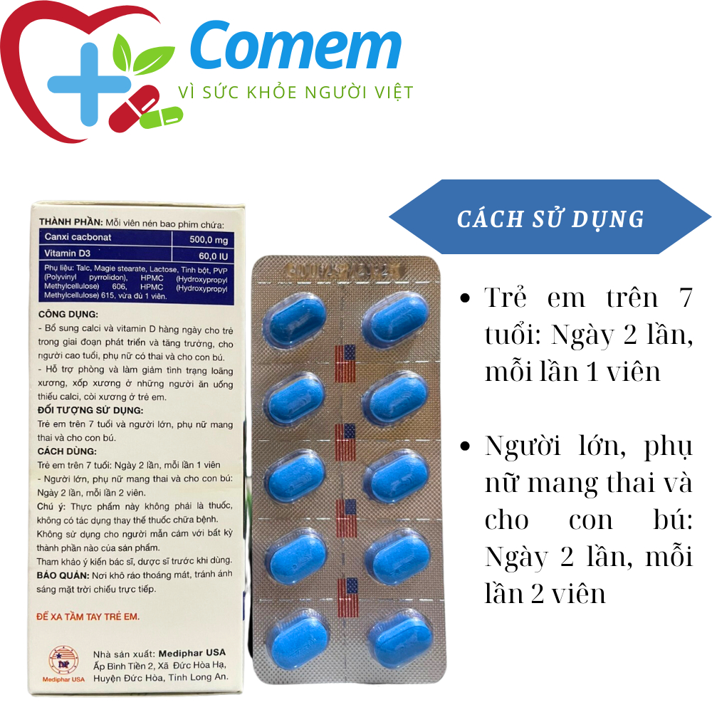 Calcium D3 MDP - Viên uống bổ sung Canxi / calci + vitamin D3, giảm còi xương trẻ em, loãng xương người lớn, chắc răng