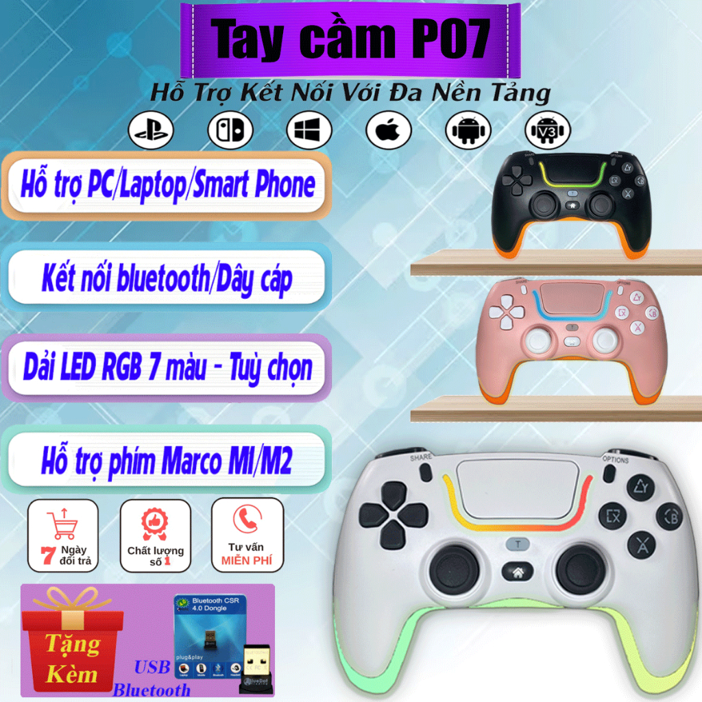 Tay cầm P07 LED RGB siêu rung - kết nối bluetooth hỗ trợ PC/Laptop/Smart Phone, Tay Cầm chơi game FO4 Dây