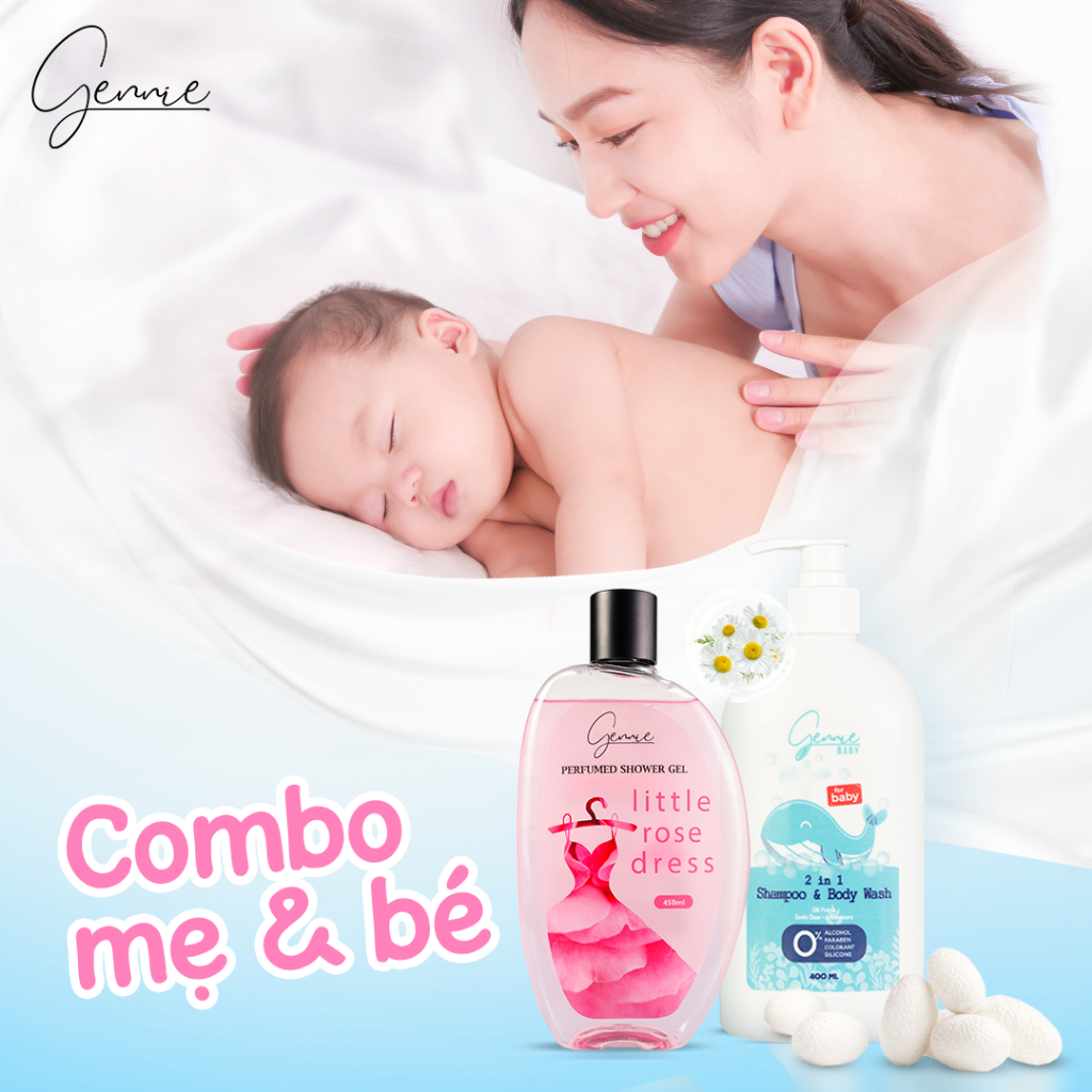 Bộ đôi Mẹ và Bé Sữa tắm Gennie Little Dress + Sữa tắm gội 2IN1 Gennie Baby 450ml - 400ml