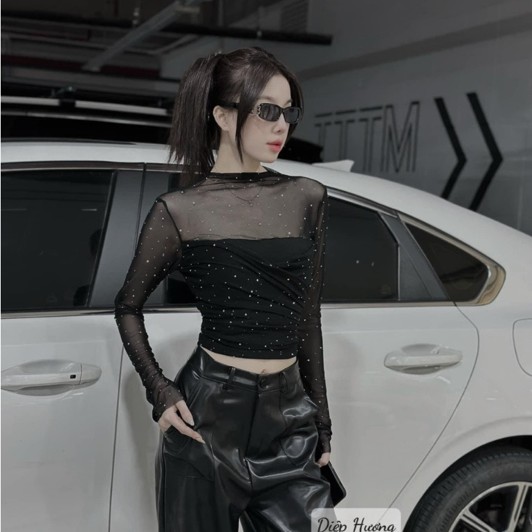 Áo Lưới Dài Tay,áo kiêu nữ sang chảnh Đính Đá