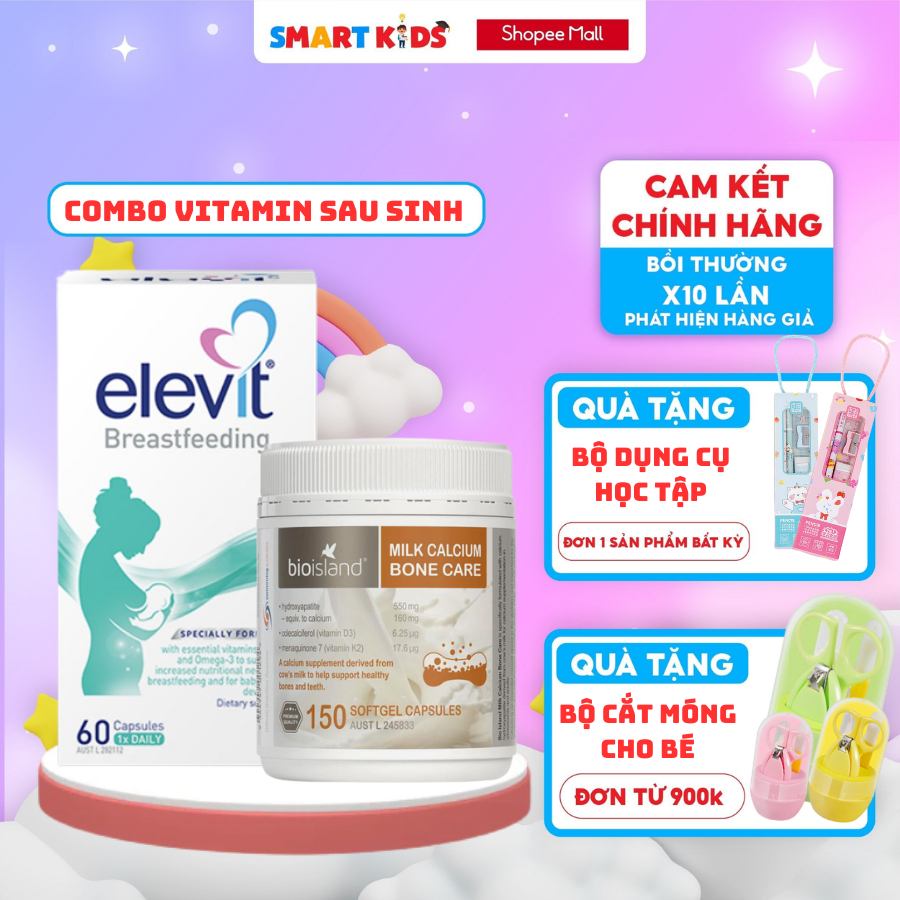 Combo cho mẹ sau sinh bầu Úc Canxi hữu cơ, Bioisland, Elevit bổ sung đầy đủ Vitamin, canxi hữu cơ, lợi sữa