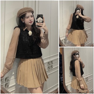 Set 3 món áo sơ mi tơ nhũ nâu phối ghile dạ đen đính hoa mix chân váy xoè xếp ly tone màu nây tây sang chảnh