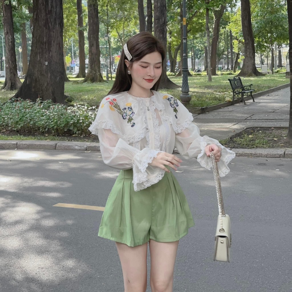 -Set áo bèo ren thêu hàng Quảng Châu phong cách thanh lịch kèm ảnh thật