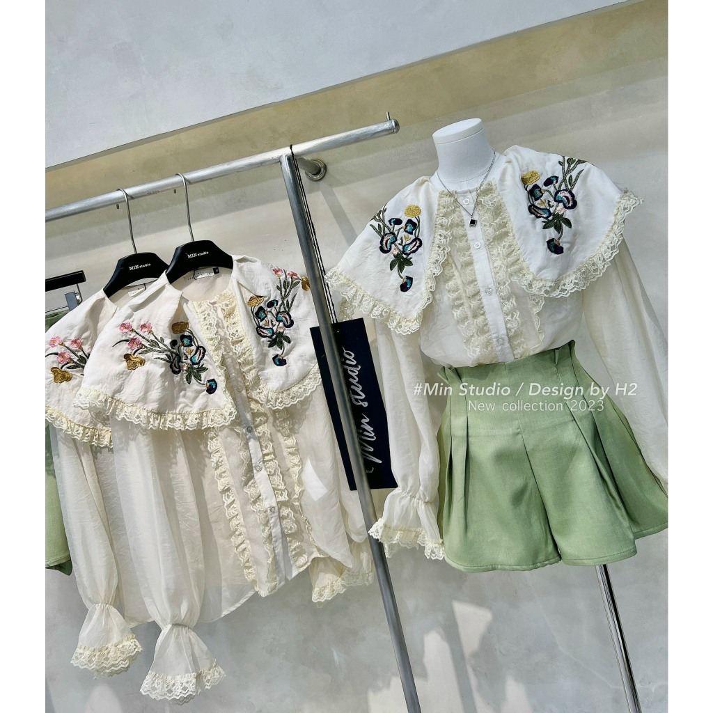 -Set áo bèo ren thêu hàng Quảng Châu phong cách thanh lịch kèm ảnh thật