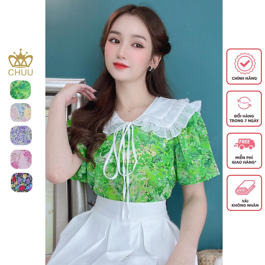Áo sơ mi hoa công sở nữ kiểu cổ bèo 2 tầng thắt nơ CHUU A9414