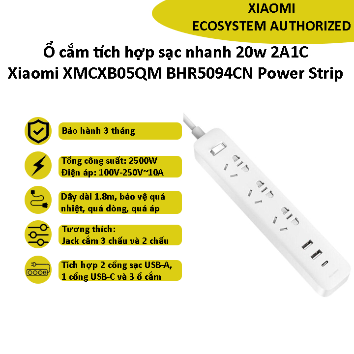 Ổ cắm tích hợp sạc nhanh 20w 2A1C Xiaomi XMCXB05QM BHR5094CN Power Strip - Shop  MI Ecosystem Authorized