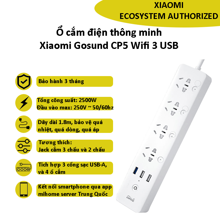Ổ cắm điện thông minh Xiaomi Gosund CP5 Wifi 3 USB, kết nối App MiHome - Shop MI Ecosystem Authorized