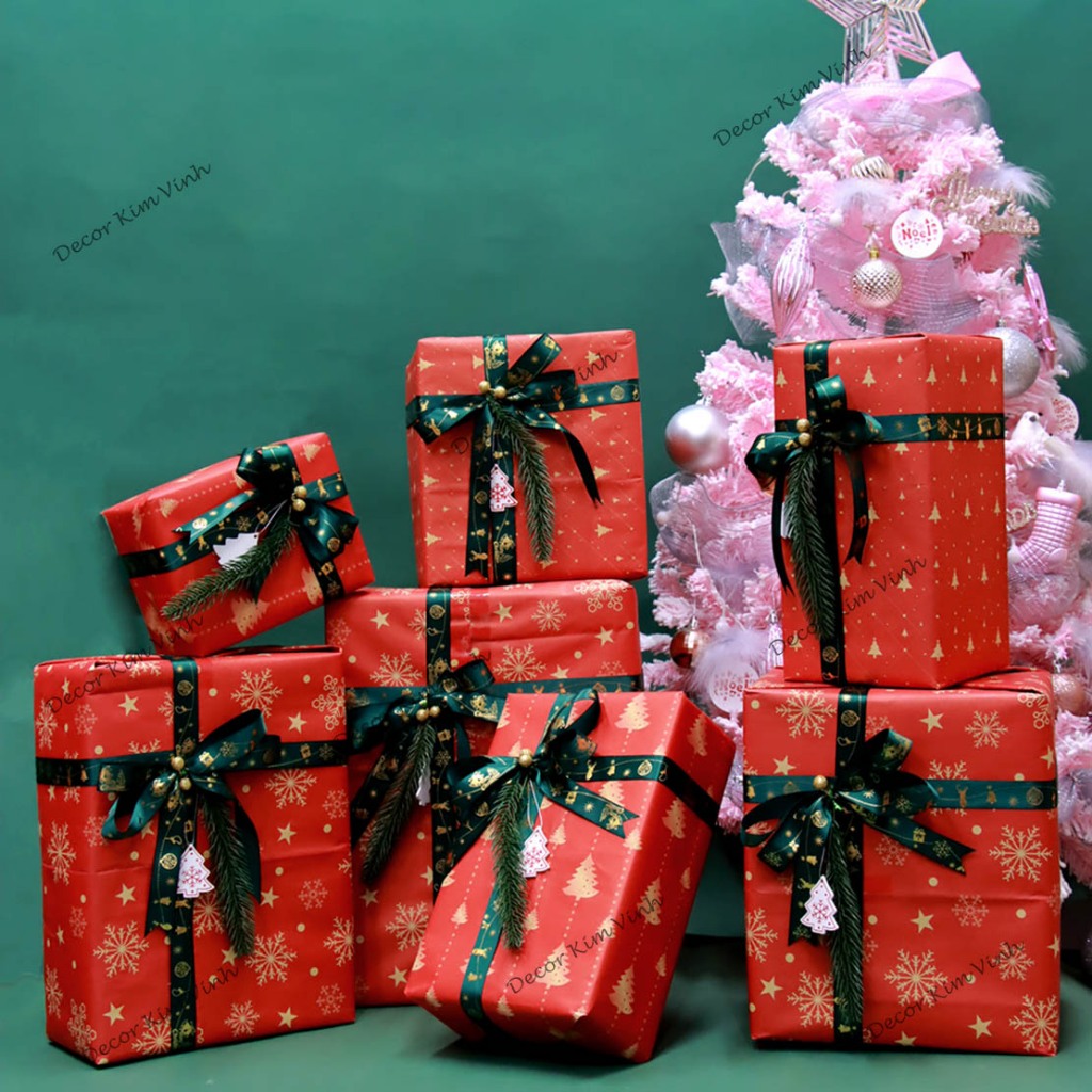 Set Vật Liệu Làm Hộp Quà Giáng Sinh SETQUA01 Đỏ Nơ Xanh Hộp Quà Noel Trang Trí Giáng Sinh