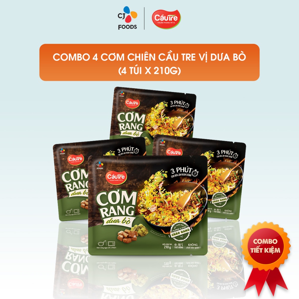 [Tặng hoành thánh] Combo 4 cơm chiên Cầu Tre túi 210g (hải sản, gà cháy tỏi, dưa bò, kim chi xúc xích)