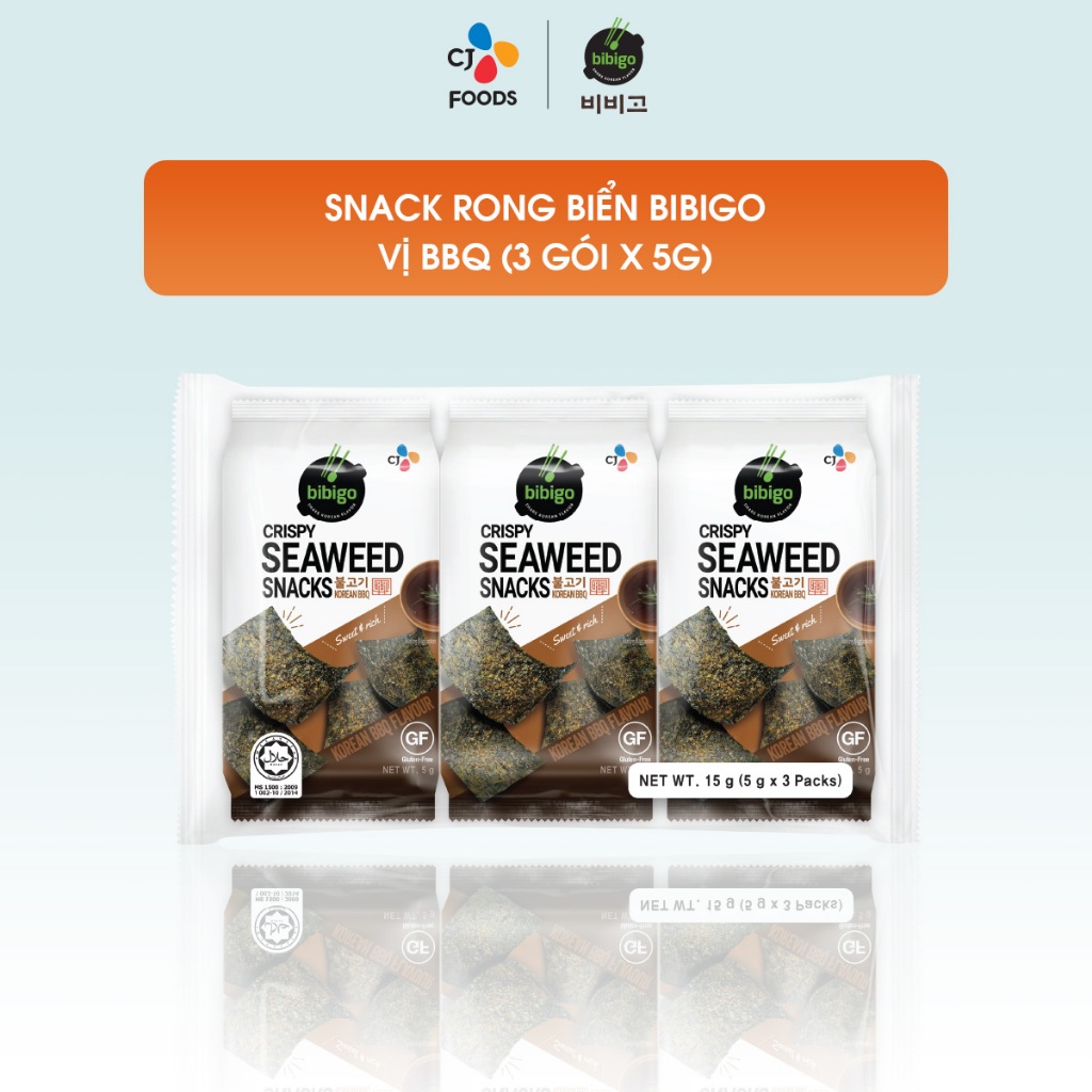 Snack rong biển Bibigo vị BBQ/Wasabi (lốc 3 gói x 5gr)