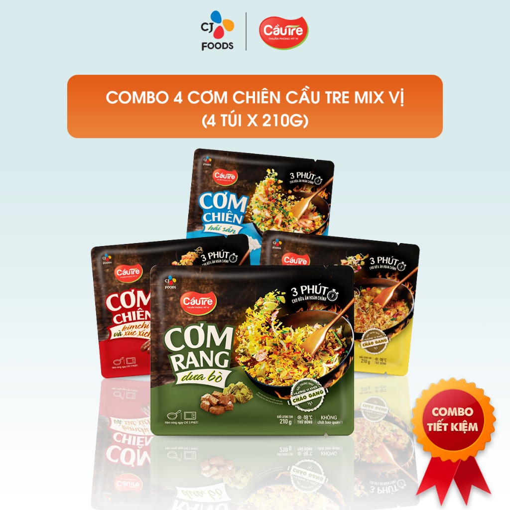 [Tặng hoành thánh] Combo 4 cơm chiên Cầu Tre túi 210g (hải sản, gà cháy tỏi, dưa bò, kim chi xúc xích)