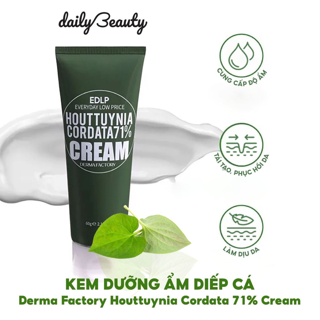 Kem dưỡng ẩm diếp cá Derma Factory Houttuynia Cordata 71% Cream 60g làm dịu và cung cấp độ ẩm Daily Beauty