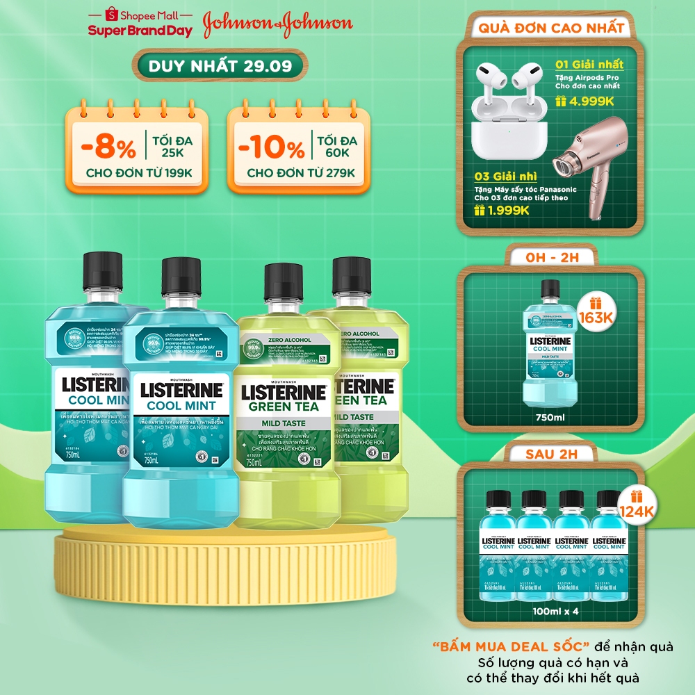 Bộ 2 Nước Súc Miệng Listerine Ngừa Sâu Răng Green Tea 500ml + 2 Nước Súc Miệng Diệt Khuẩn Listerine Cool Mint 500ml