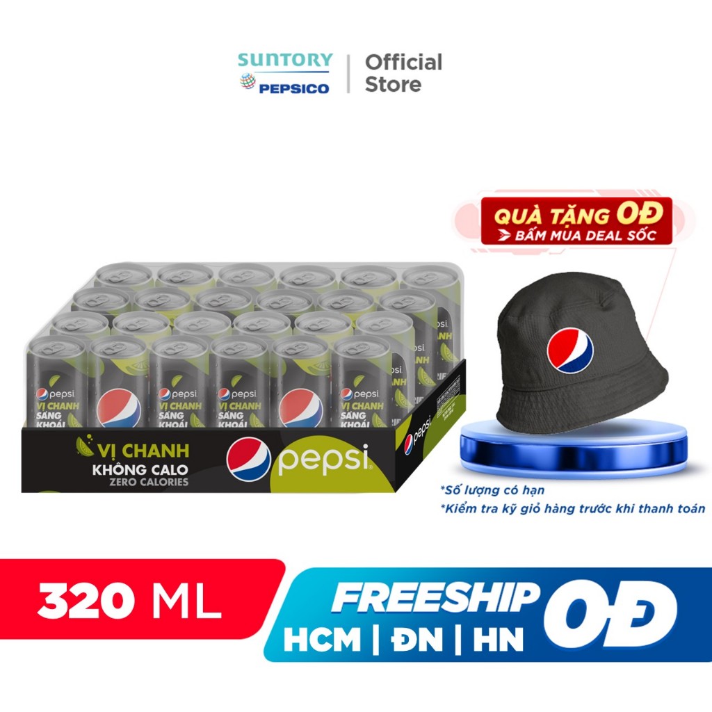 [MUA KÈM DEAL SỐC]Thùng 24 Lon Nước Uống Có Gaz Pepsi Vị Chanh Không Calo (320ml/lon)