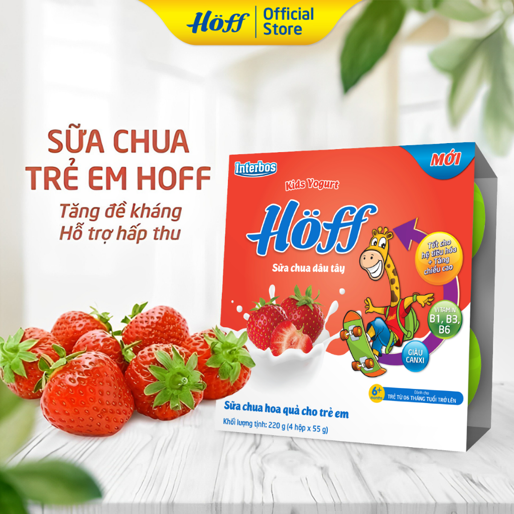 Sữa chua hoa quả Hoff vị DÂU TÂY cho bé từ 6 tháng tuổi, bổ sung men lợi khuẩn, tốt cho tiêu hóa - 4 LỐC (16 hộp x 55g)