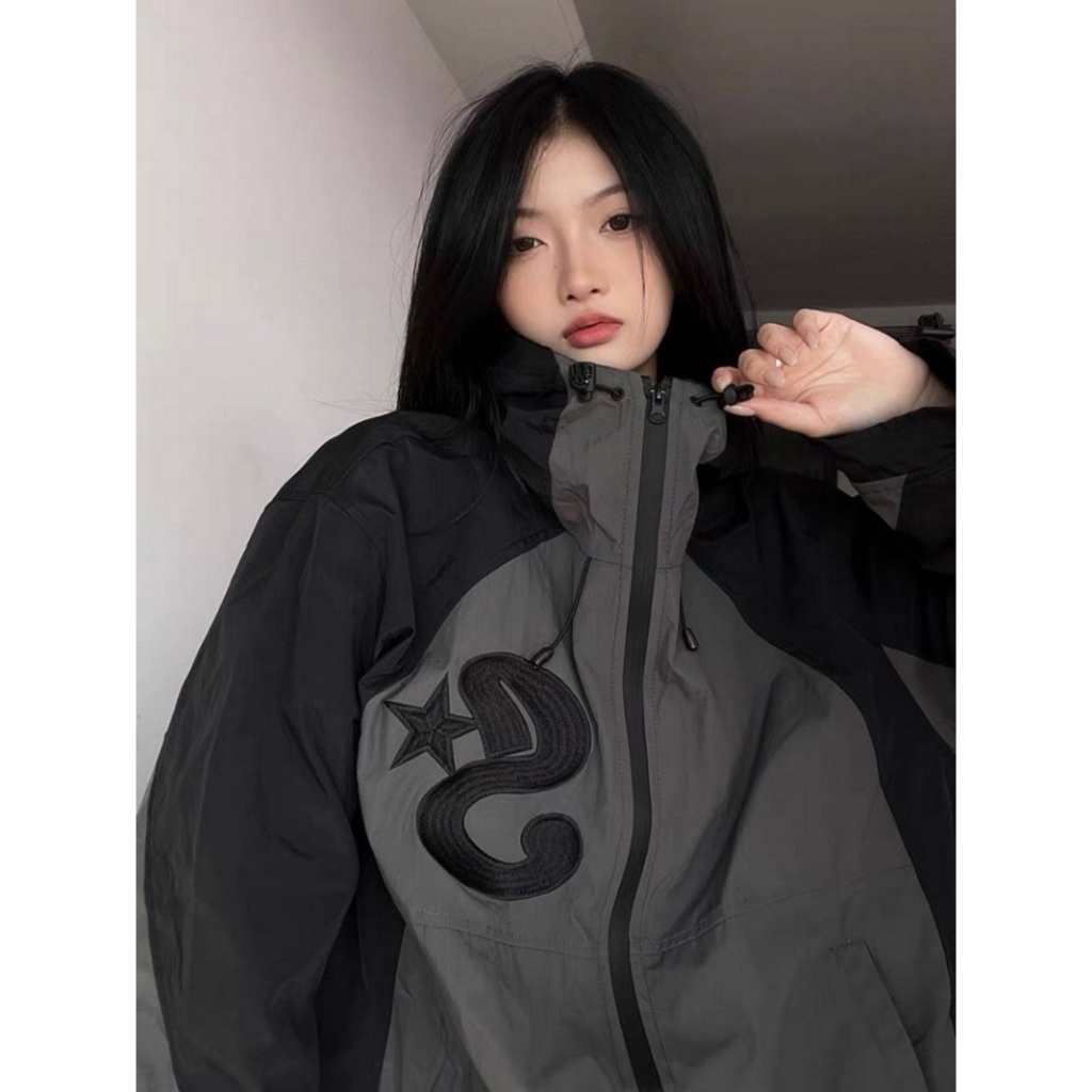 Áo Khoác Gió Dáng Rộng Thêu Họa Tiết Đa Năng Phong Cách Có Nón - OLIVIA