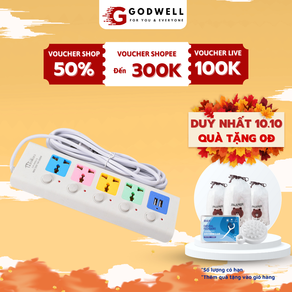 Ổ Cắm Điện Đa Năng Thông Minh GODWELL 6 Lỗ Kèm Cổng Sạc USB Dây Dài 1,8M 3M 5M