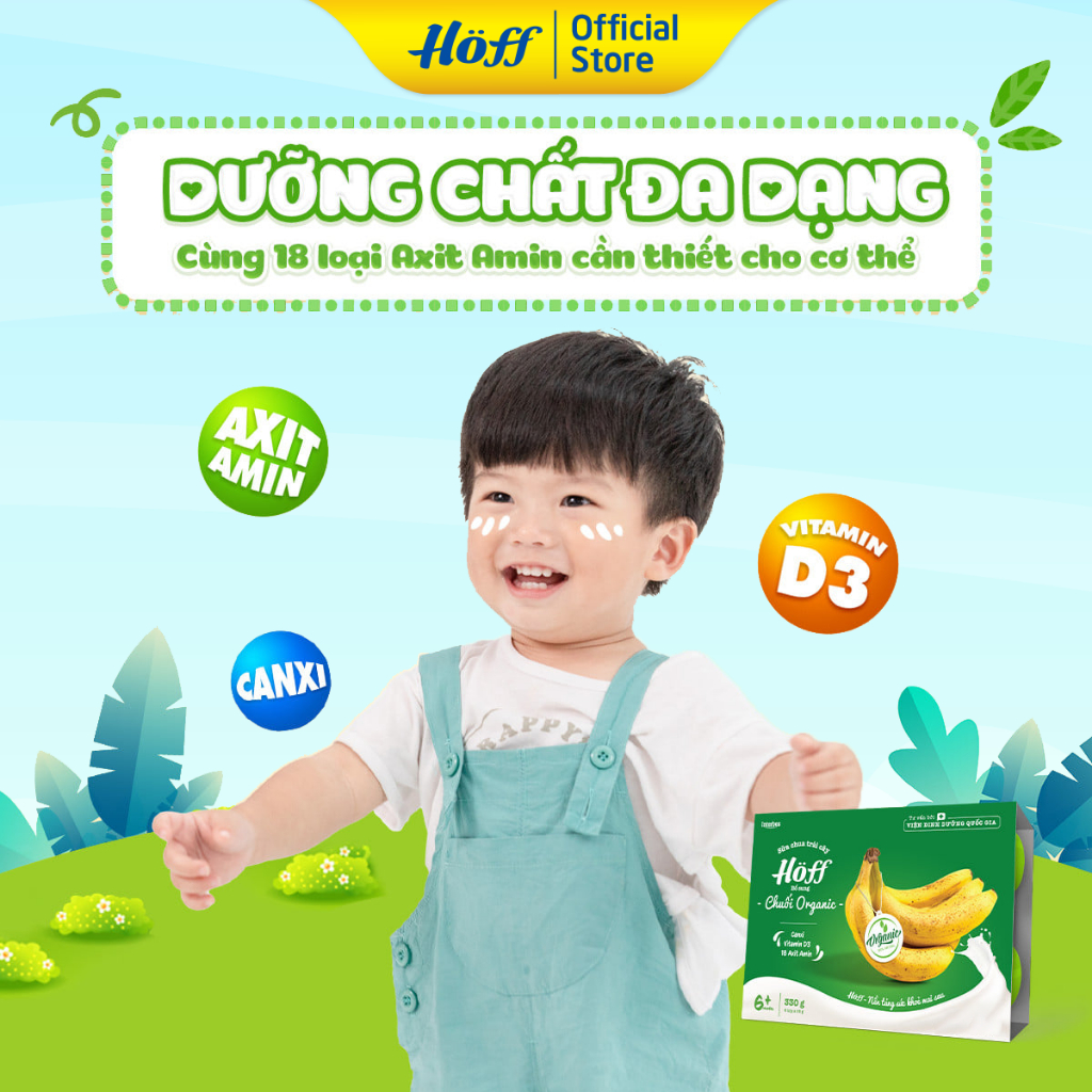 Sữa chua trái cây Hoff CHUỐI ORGANIC cho bé từ 6 tháng tuổi, bổ sung vitamin, D3, 18 loại axit amin - 4 LÔC (24 hộpx55g)