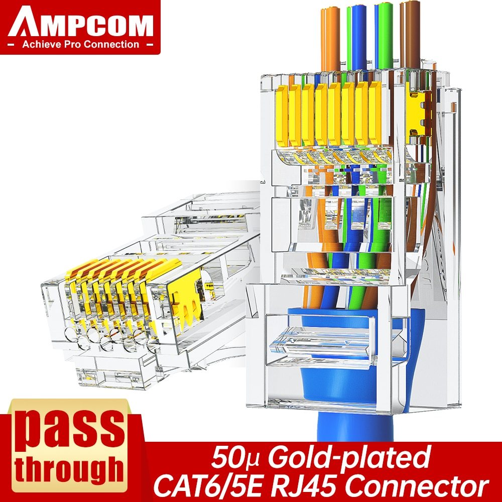 Hạt Mạng Xuyên Thấu RJ45 AMPCOM Cat5e/Cat6 – Đồng Nguyên Chất, Đạt Chuẩn Fluke Test 100pcs/hộp