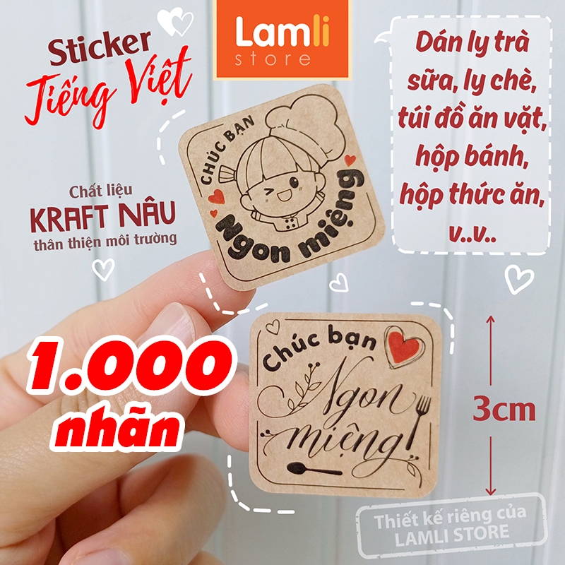 1000 Tem nhãn dán Chúc Bạn Ngon Miệng | Sticker tiếng Việt | Chất liệu: Decal Kraft nâu | Kt: 3cm
