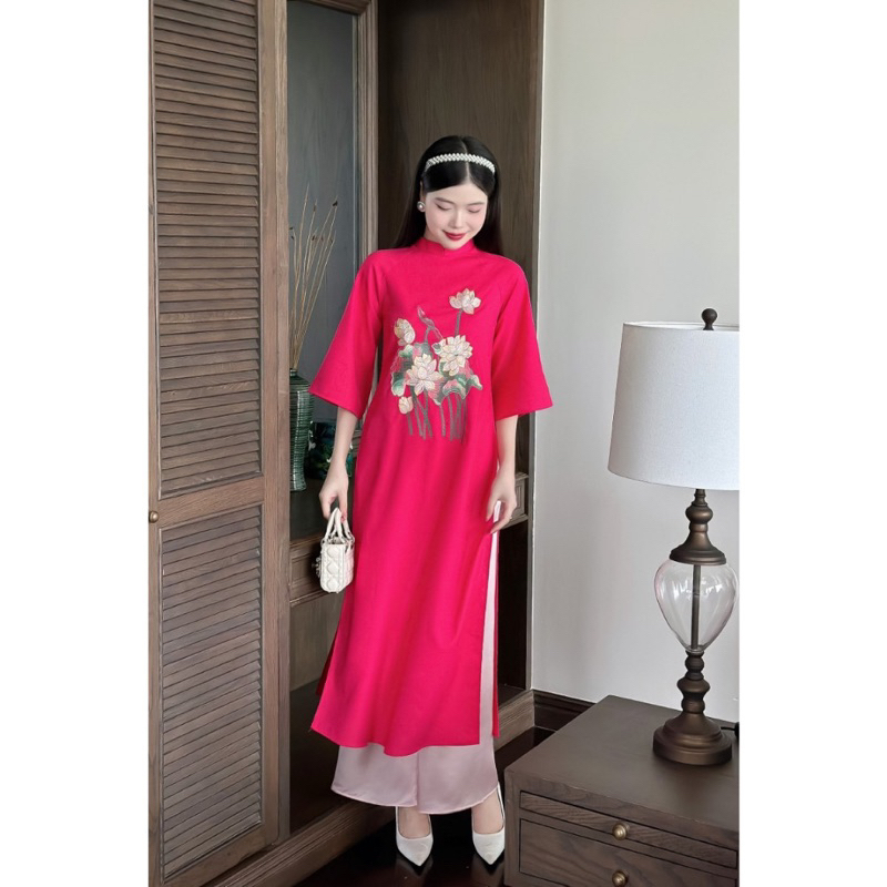 Áo dài Hy Nhiên cách tân dáng suông thêu hoạ tiết chất liệu linen cao cấp