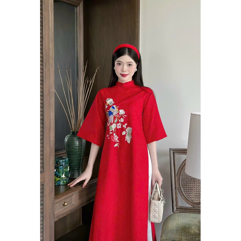 Áo dài Hy Nhiên cách tân dáng suông thêu hoạ tiết chất liệu linen cao cấp