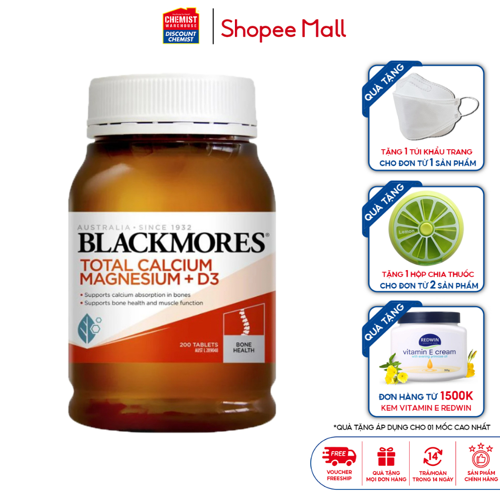 Viên uống hỗ trợ xương khớp Total Calcium & Magnesium + D3  Blackmores Úc 200 viên