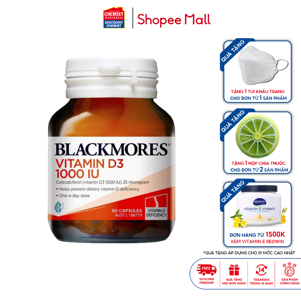 Bổ sung Vitamin D3 1000IU giúp tăng khả năng hấp thụ canxi vào xương Blackmores Vitamin D3 1000IU của Úc 60 viên