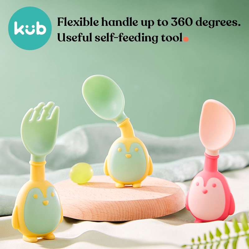 Bộ thìa và dĩa KUB BPA Free 360 độ uốn cong hình chú chim cánh cụt dễ thương cho bé