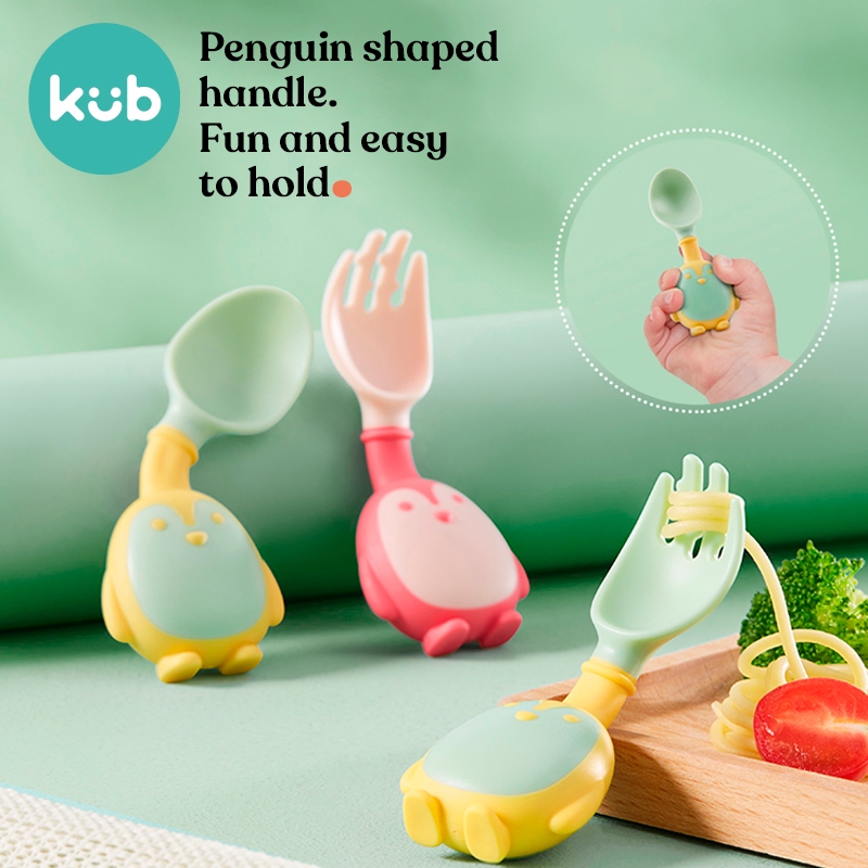 Bộ thìa và dĩa KUB BPA Free 360 độ uốn cong hình chú chim cánh cụt dễ thương cho bé