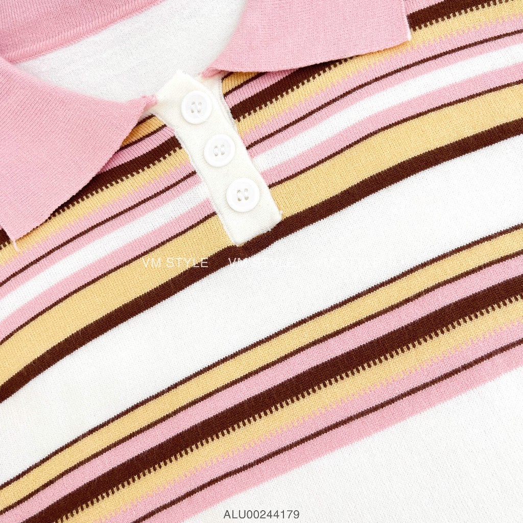 Áo len nữ VMSTYLE croptop tay ngắn cổ bẻ phối màu pastel dễ thương đi học, đi chơi thời trang thu đông 15133 - ALU00244