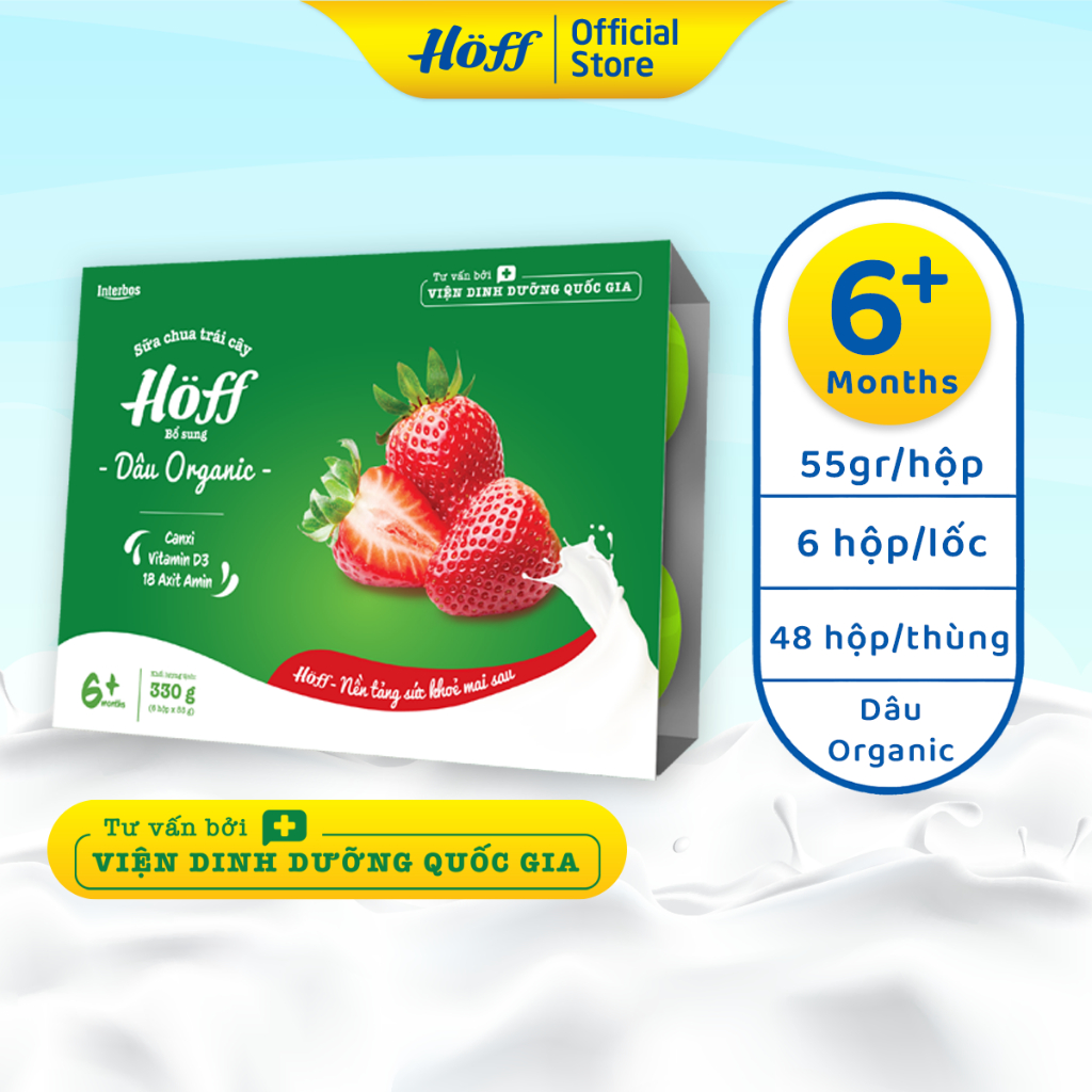 Sữa chua trái cây Hoff dâu Organic cho bé từ 6 tháng tuổi, bổ sung vitamin, D3,b18 loại axit amin - 1 lốc (6 hộp x 55g)