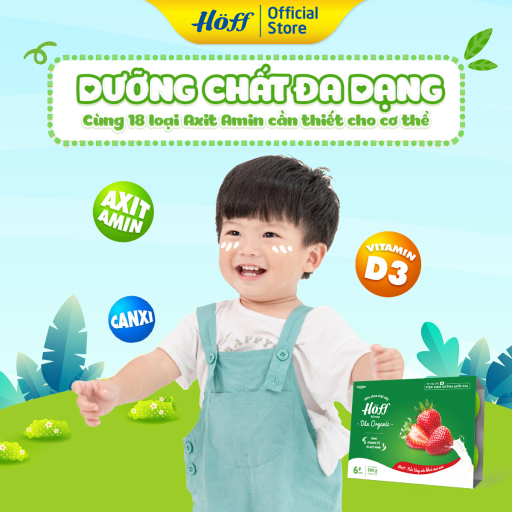 Sữa chua trái cây Hoff dâu Organic cho bé từ 6 tháng tuổi, bổ sung vitamin, D3,b18 loại axit amin - 1 lốc (6 hộp x 55g)