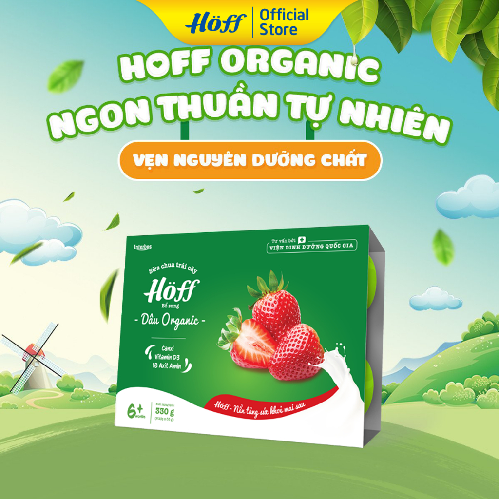Sữa chua trái cây Hoff dâu Organic cho bé từ 6 tháng tuổi, bổ sung vitamin, D3,b18 loại axit amin - 1 lốc (6 hộp x 55g)