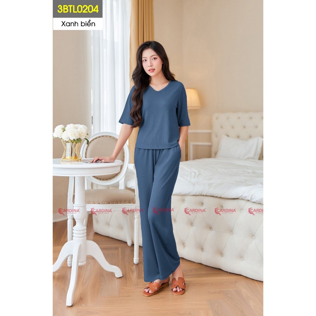Đồ Bộ Nữ CARDINA Chất Tăm Hàn Quần suông Tay lỡ Cổ V Co Dãn Thoải Mái Ôm Vừa Tôn Dáng 3BTL02