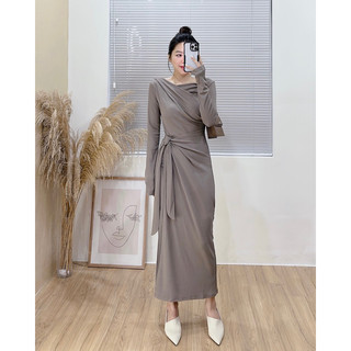 ( Ảnh thật ) 8122 váy cổ chéo vạt buộc dài tay