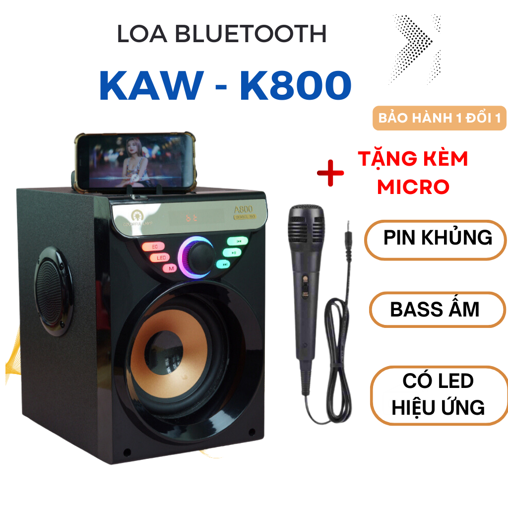 Loa karaoke mini TLC - KAW K800 ,kết nối Bluetooth âm thanh sống động, bass trầm ấm tặng kèm mic - BH 6 tháng