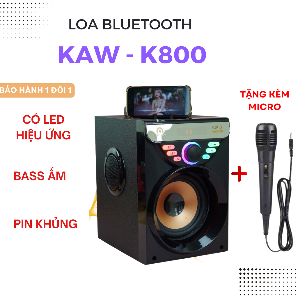 Loa karaoke KAW A800 bluetooth thế hệ mới - Âm thanh sống động, bass êm ,pin trâu, tặng kèm Micro- Hàng chính hãng