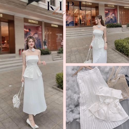 Đầm Maxi Dáng Dài Đi Biển Dự Tiệc, Váy 2 Dây Cổ Yếm Chân Váy Xếp Ly Hai Tầng Kèm Nơ Cổ Thiết Kế Đi Chơi