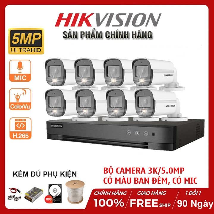 Bộ Camera giám sát Hikvision 8 Kênh 5.0Mp 3K, Tích hợp Mic Thu âm, Có màu ban đêm, Đầy đủ phụ kiện lắp đặt - BH 24 tháng