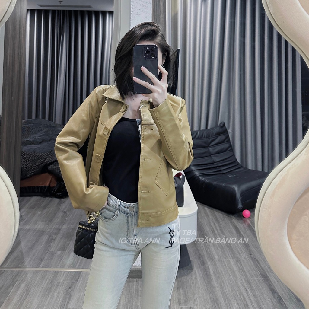 Áo khoác nữ ngắn CANAVI chất liệu da PU cao cấp cổ bẻ 5 cúc cài phong cách hiện đại vàng chanh 9610