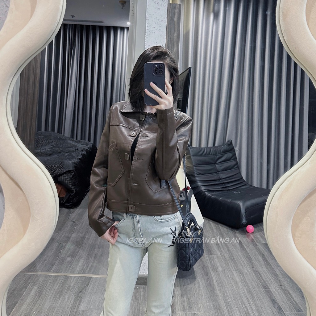 Áo da nữ CANAVI thiết kế dáng basic 5 cúc gài lịch sự trang trọng màu nâu đậm 9610
