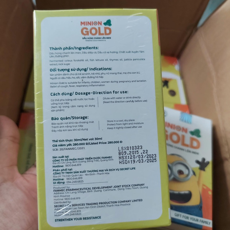 Dầu húng chanh minion gold giảm ho hạ sốt cho bé